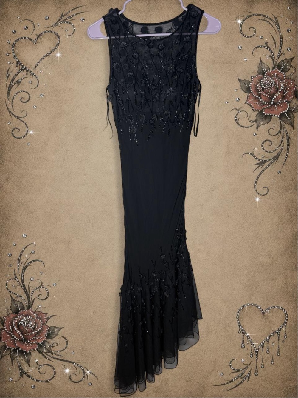 Rare Vintage Y2K Cache Black Beaded Silk
Floral Mesh Asymmetrical Dress Size 2